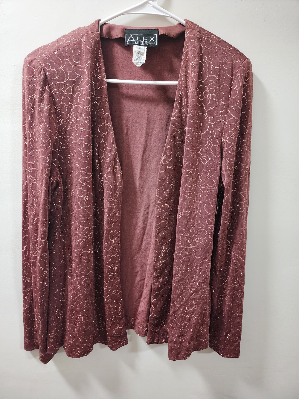Alex Evenings Mauve Rose Metallic Shimmer Open-Front Jacket / Shrug Size 12